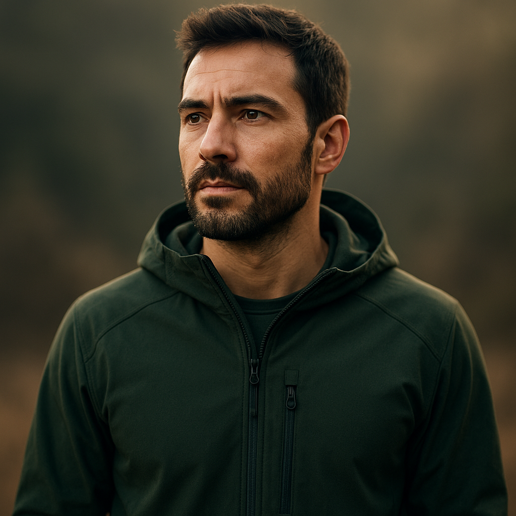 Portrait of Mateo, a man with a trimmed beard and a deep-green technical hoodie