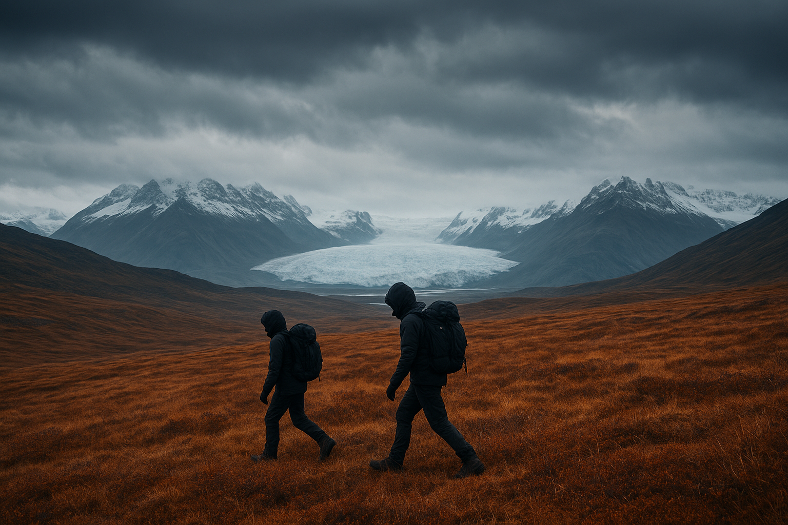 Explorers crossing a rust-gold tundra ridge with distant glaciers and moody clouds