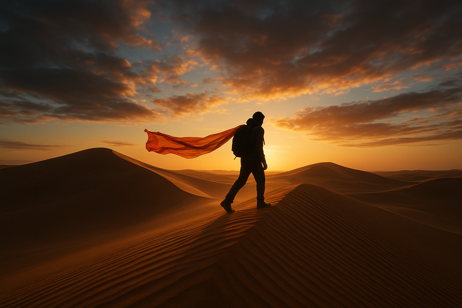 Traveler silhouette walking along a tall desert dune with a flowing orange scarf