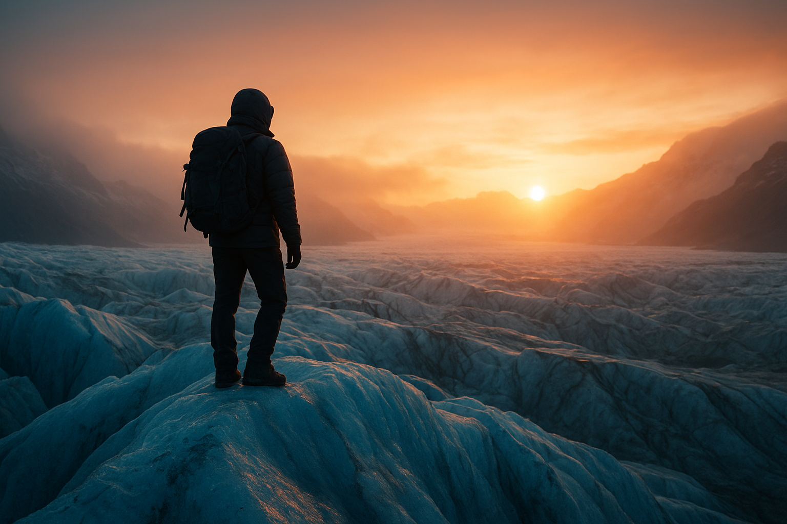 Explorer standing on a blue glacier ridge at sunrise with orange light cutting through mist