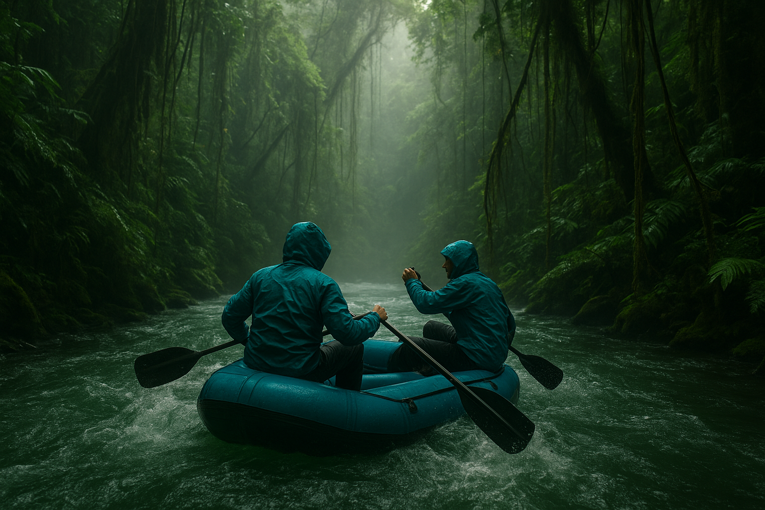 Two rafters in teal jackets paddling through a dense emerald jungle river