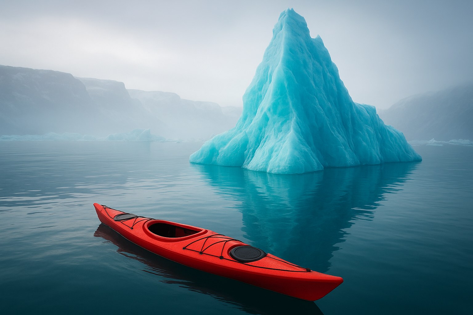 Bright red kayak floating beside a towering turquoise iceberg in calm water