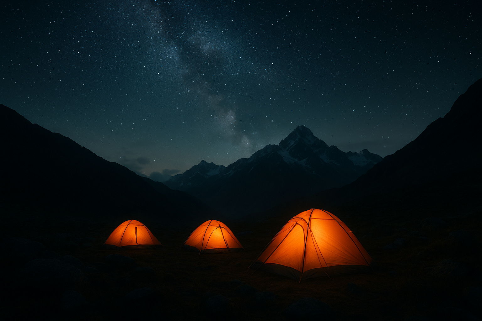 Mountain camp with glowing tents under a star-filled night sky and snow peaks