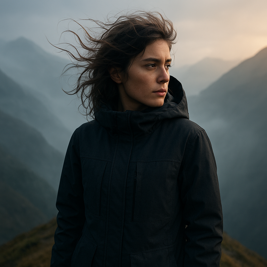 Portrait of a hiker with wind-swept hair wearing a charcoal parka on a misty ridge
