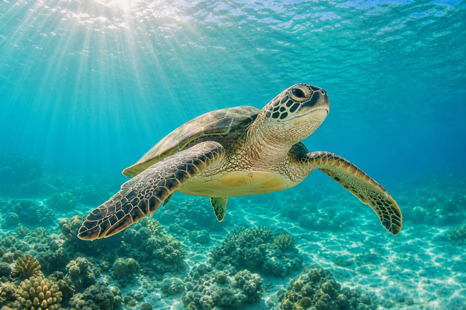 Graceful sea turtle swimming through clear turquoise Barbados water