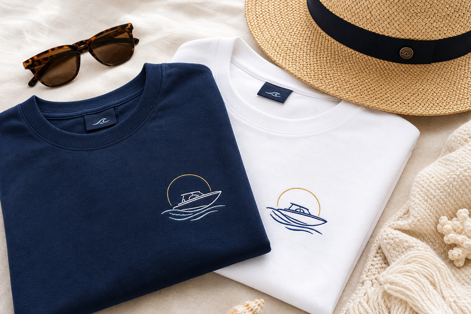Folded navy and white branded apparel with sunglasses and a straw hat on a light linen surface