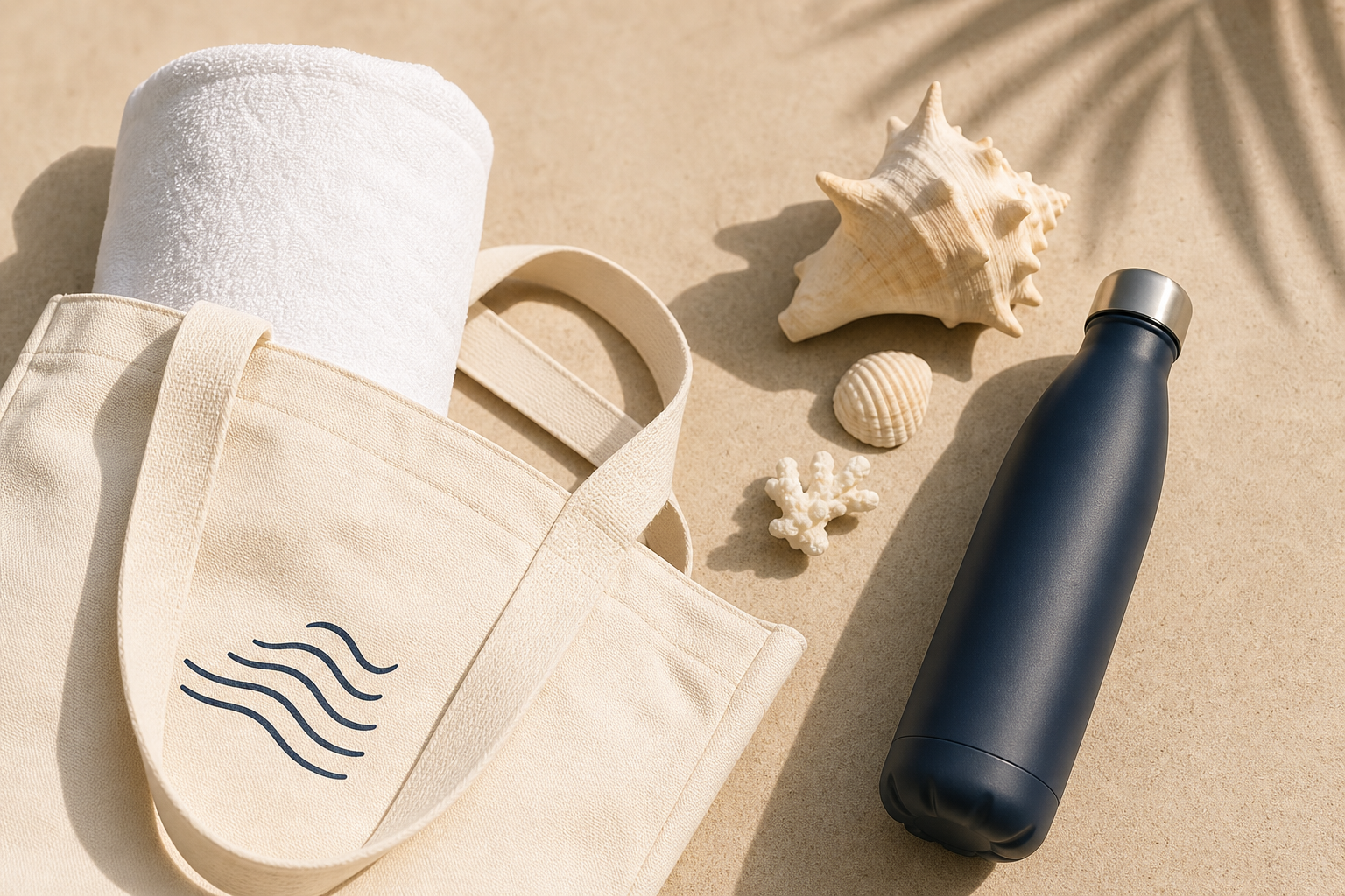 Beach flat lay with a cream tote bag, rolled white towel, shell accessories, and a navy water bottle