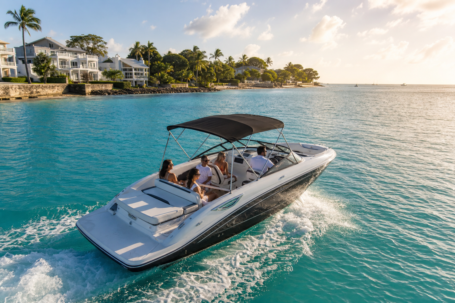 Private Bayliner cruising along Barbados West Coast in gentle sunlight with calm sea and shoreline villas in view