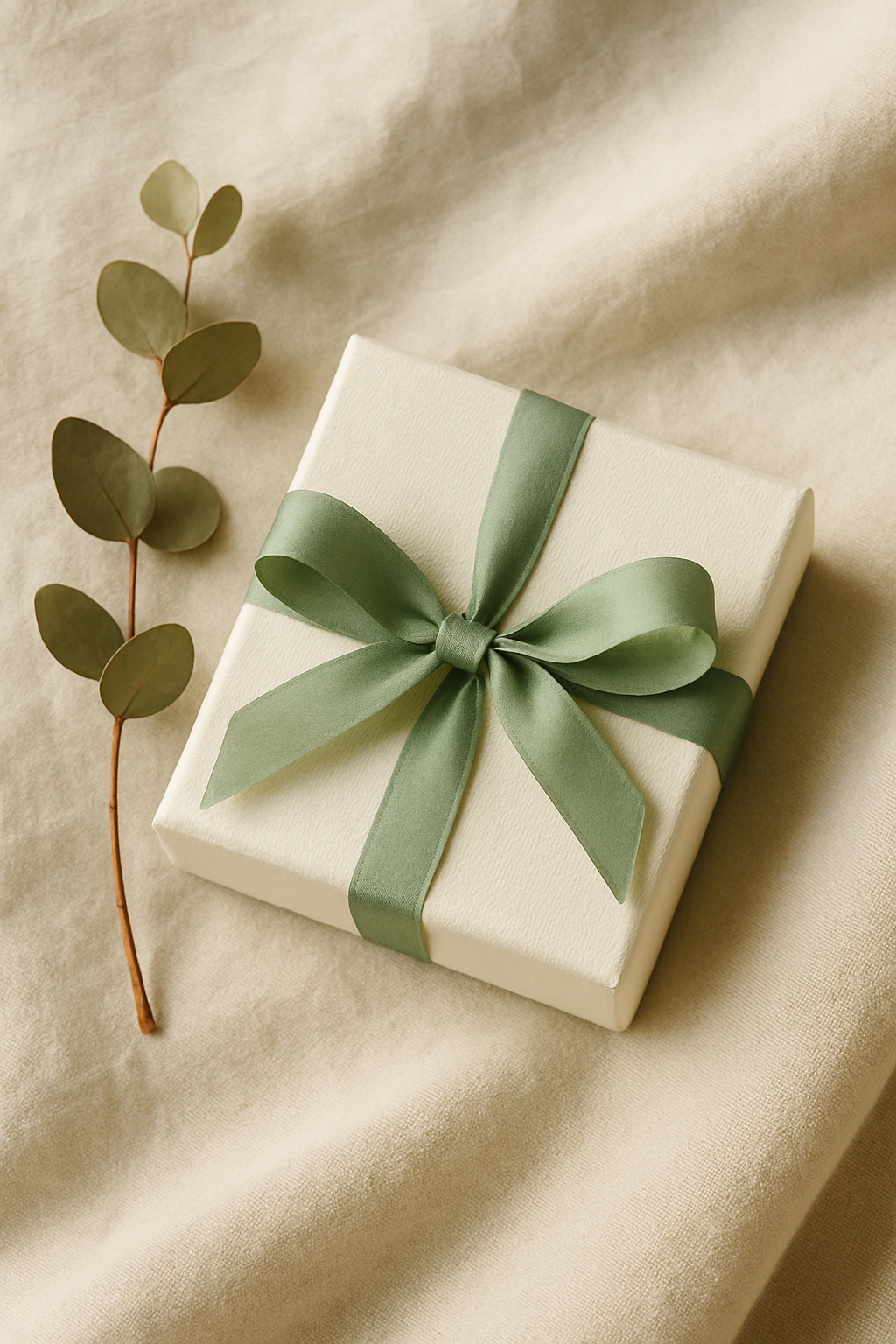 Cream jewelry box tied with sage silk ribbon on linen