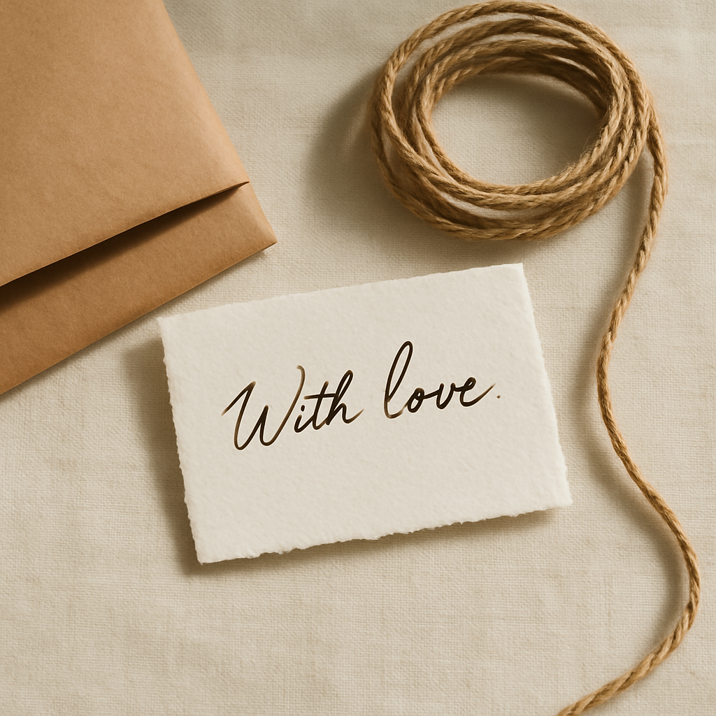 Handwritten gift note card beside kraft wrapping and twine