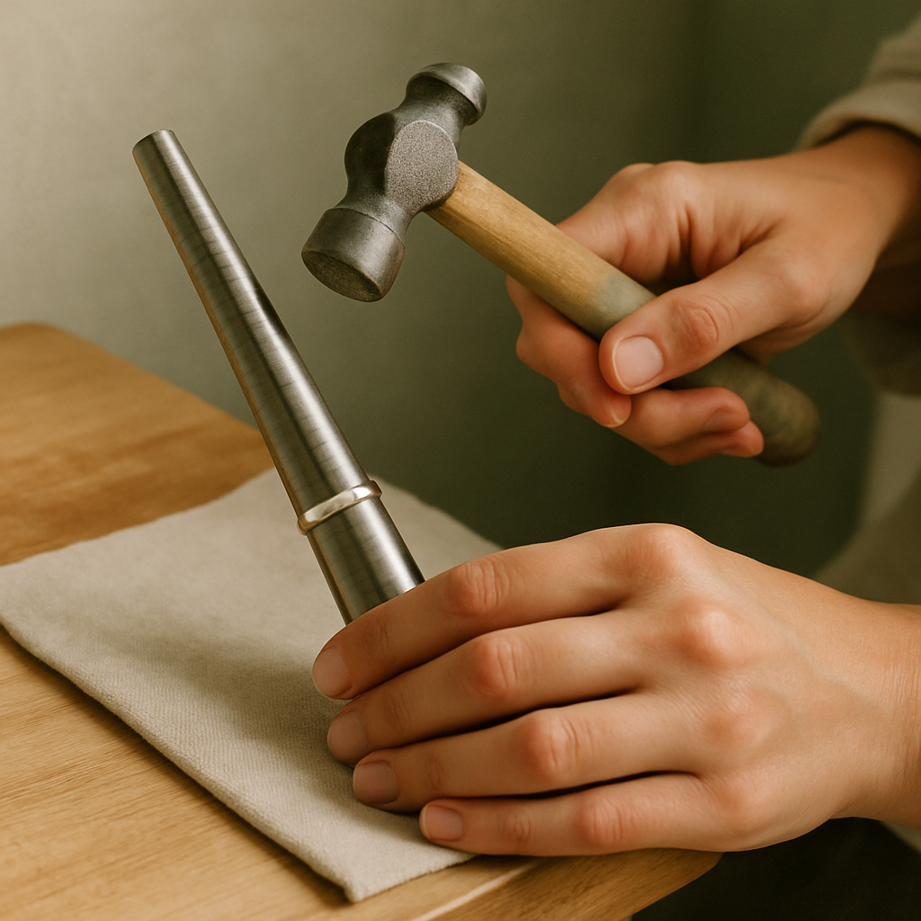 Artisan hands shaping a silver ring at a workbench