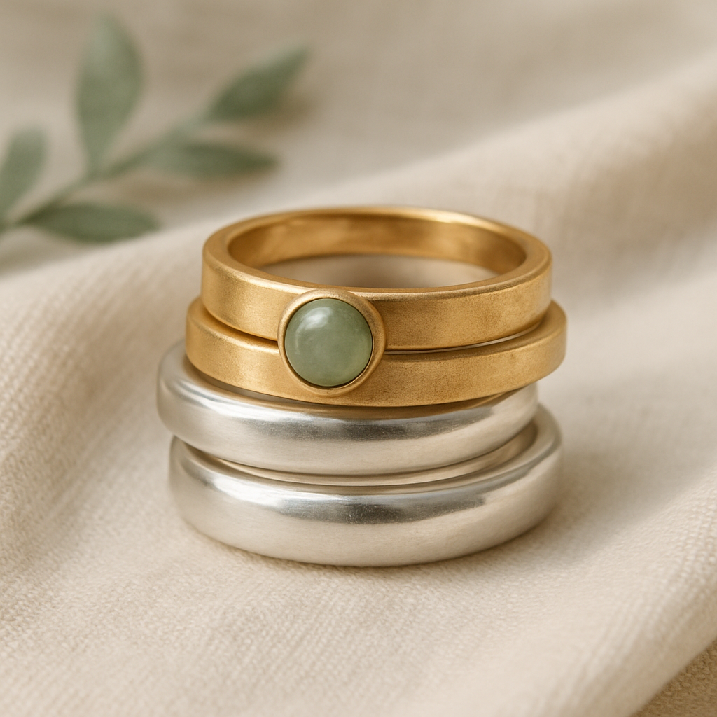 Stacked handmade silver and gold rings on linen