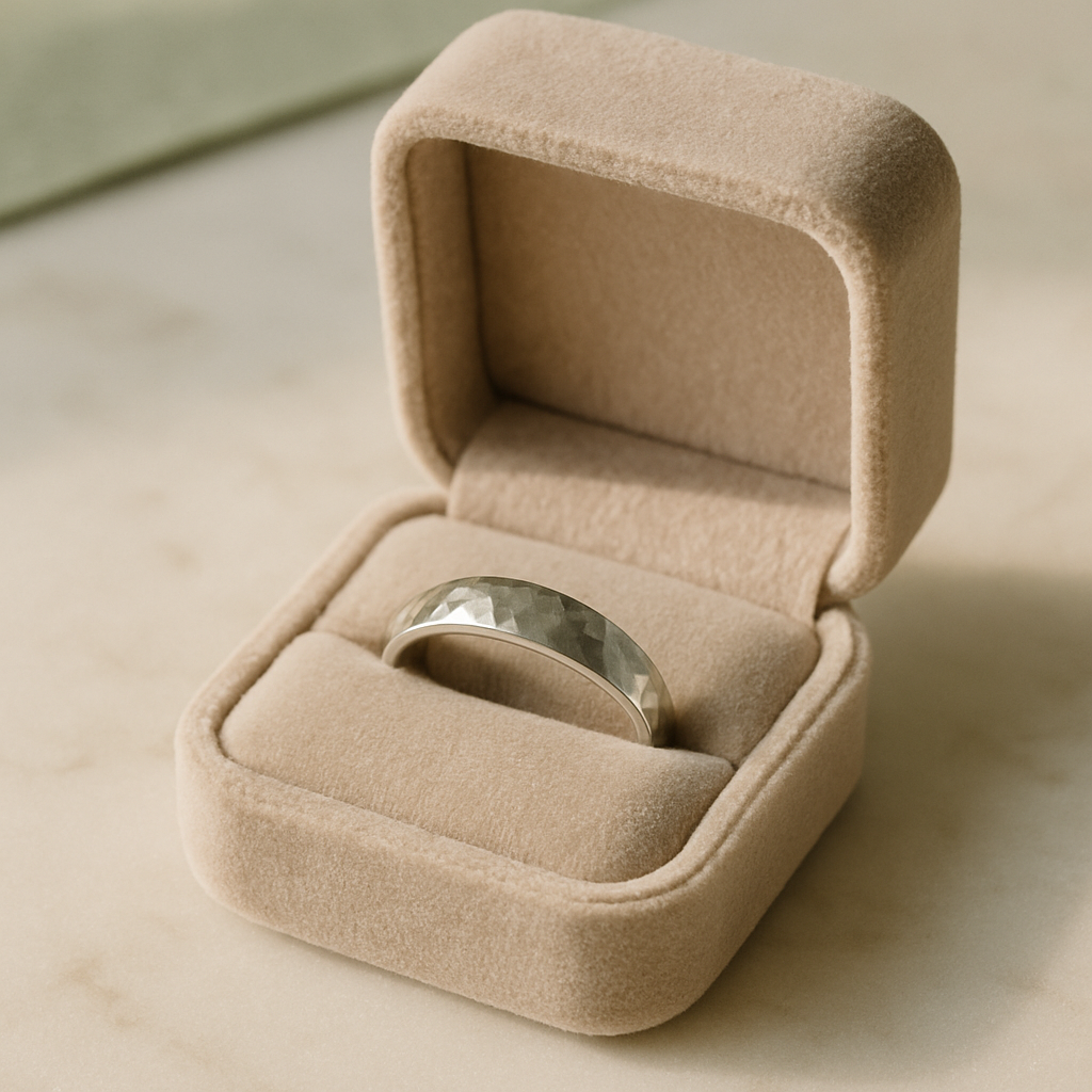 Open velvet box holding a silver ring