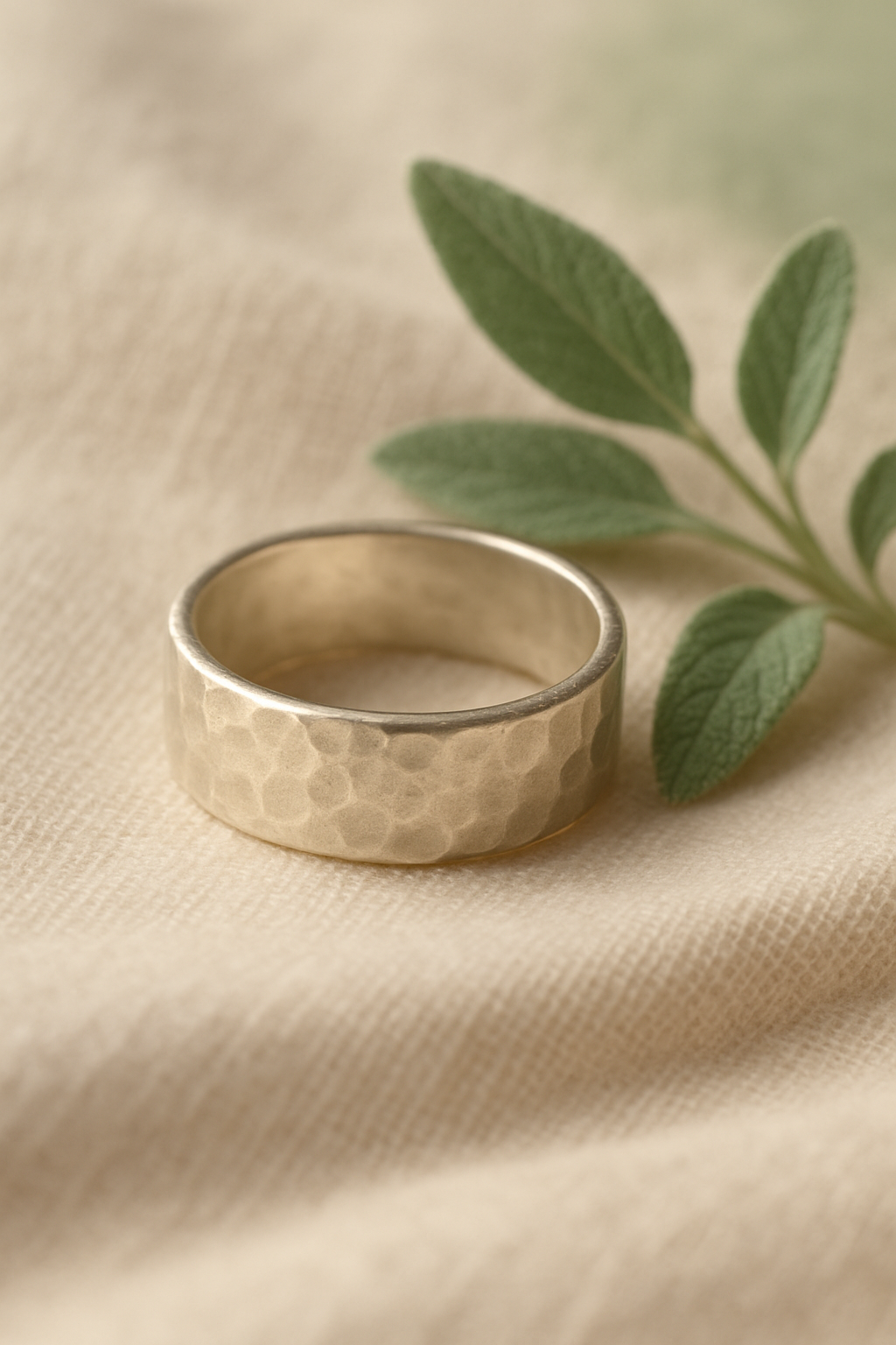 Sterling silver ring on linen