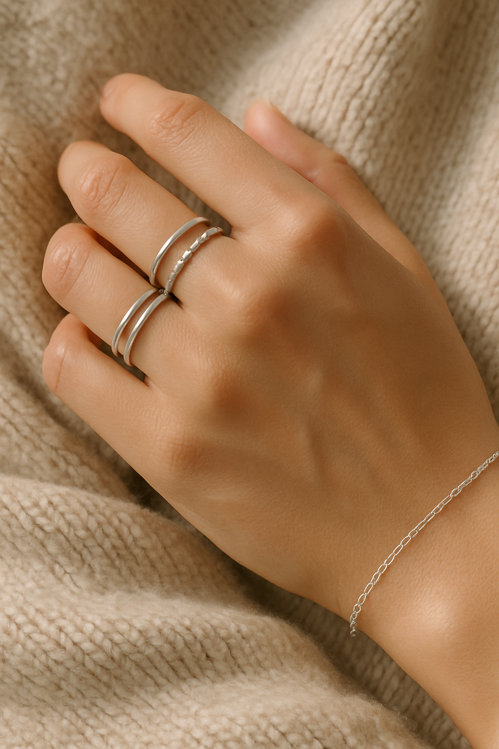 Silver jewelry worn on a hand