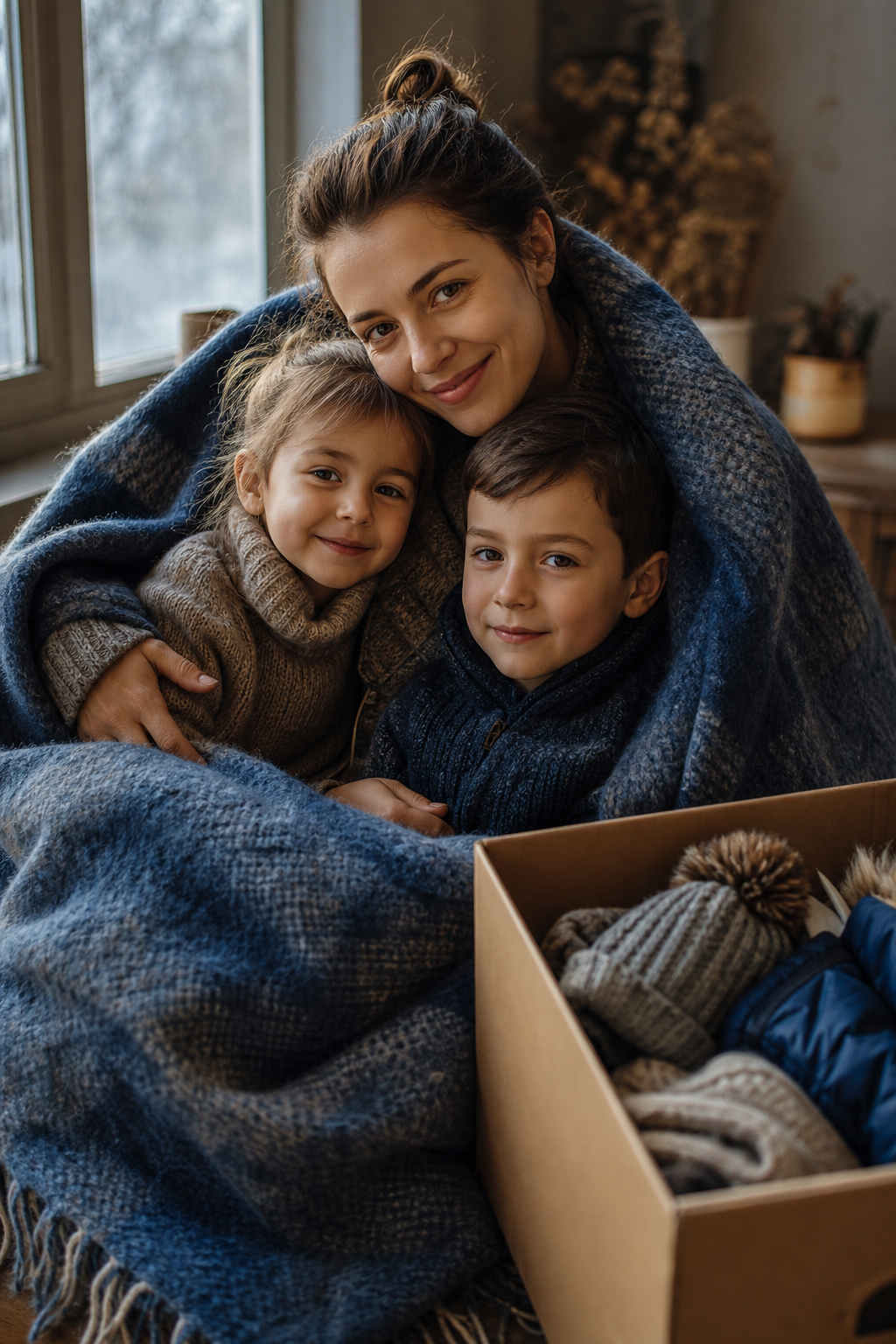 A mother and two children wrapped in warm blankets, smiling gently beside a delivered winter aid box