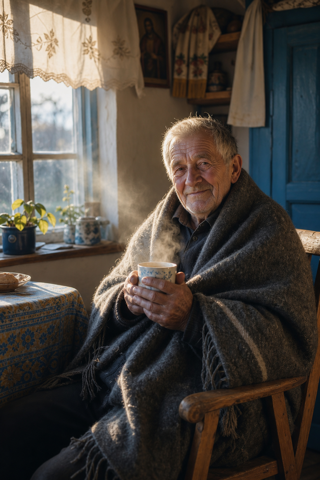 An elderly Ukrainian man wrapped in a wool blanket holds a warm mug of tea by a sunlit window