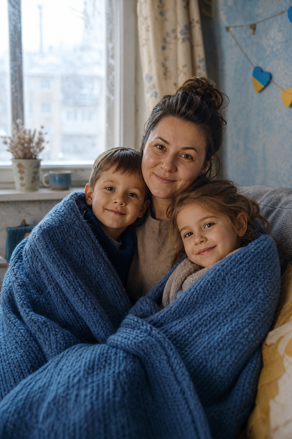 A Ukrainian mother sits with her two young children under a warm blanket near a frosted window