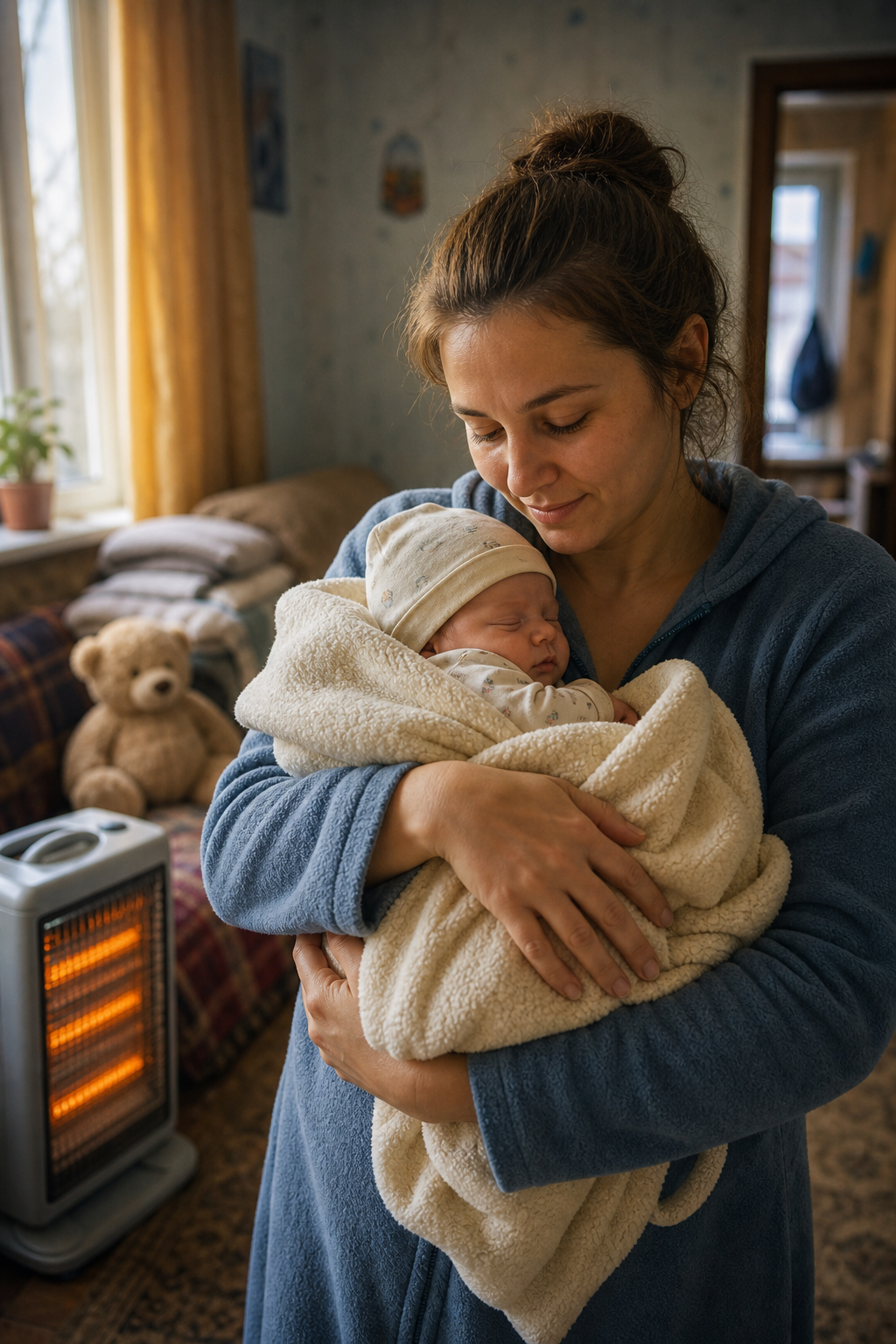 A young Ukrainian mother gently holds her newborn baby wrapped in a soft donated blanket in a small apartment