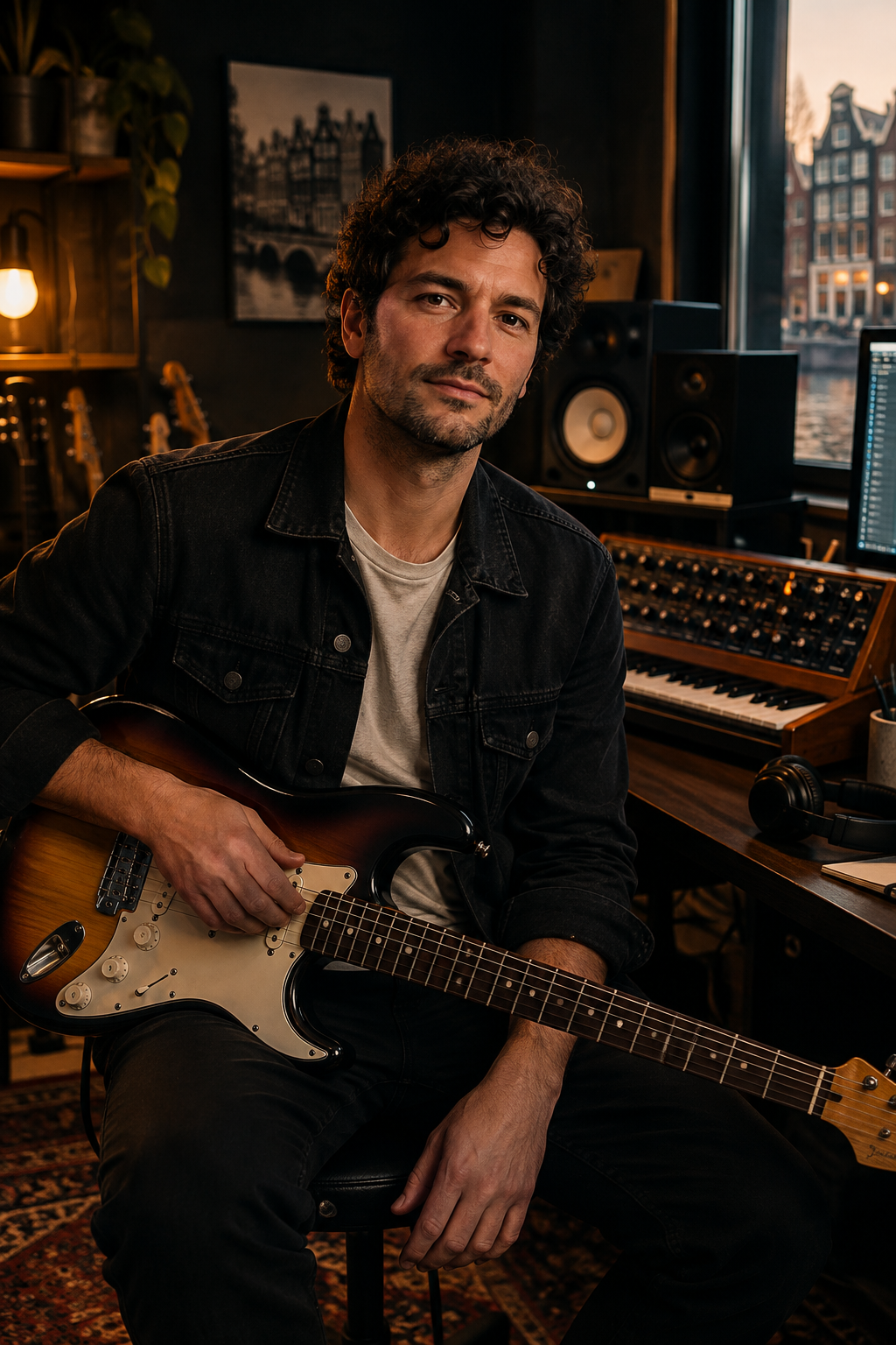 Chris del Camino in a warmly lit Amsterdam studio, holding an electric guitar near production equipment