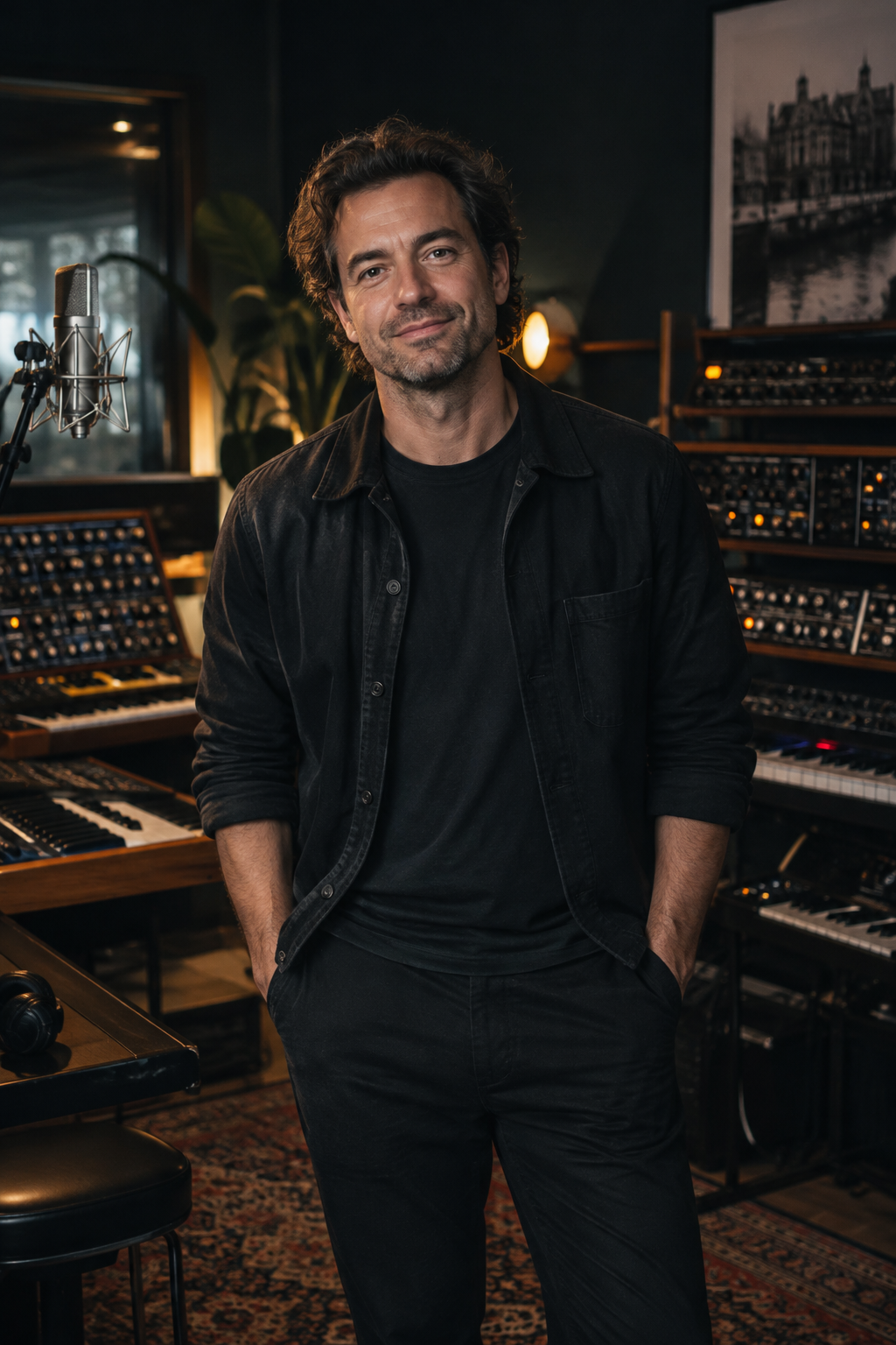 Portrait of Chris del Camino in a modern music studio with moody lighting and creative atmosphere