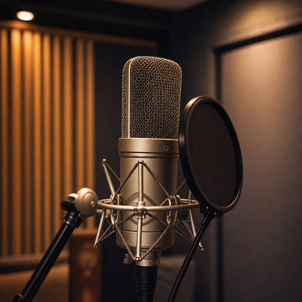 Professional portrait of Andrew, a friendly voiceover artist in a modern recording studio