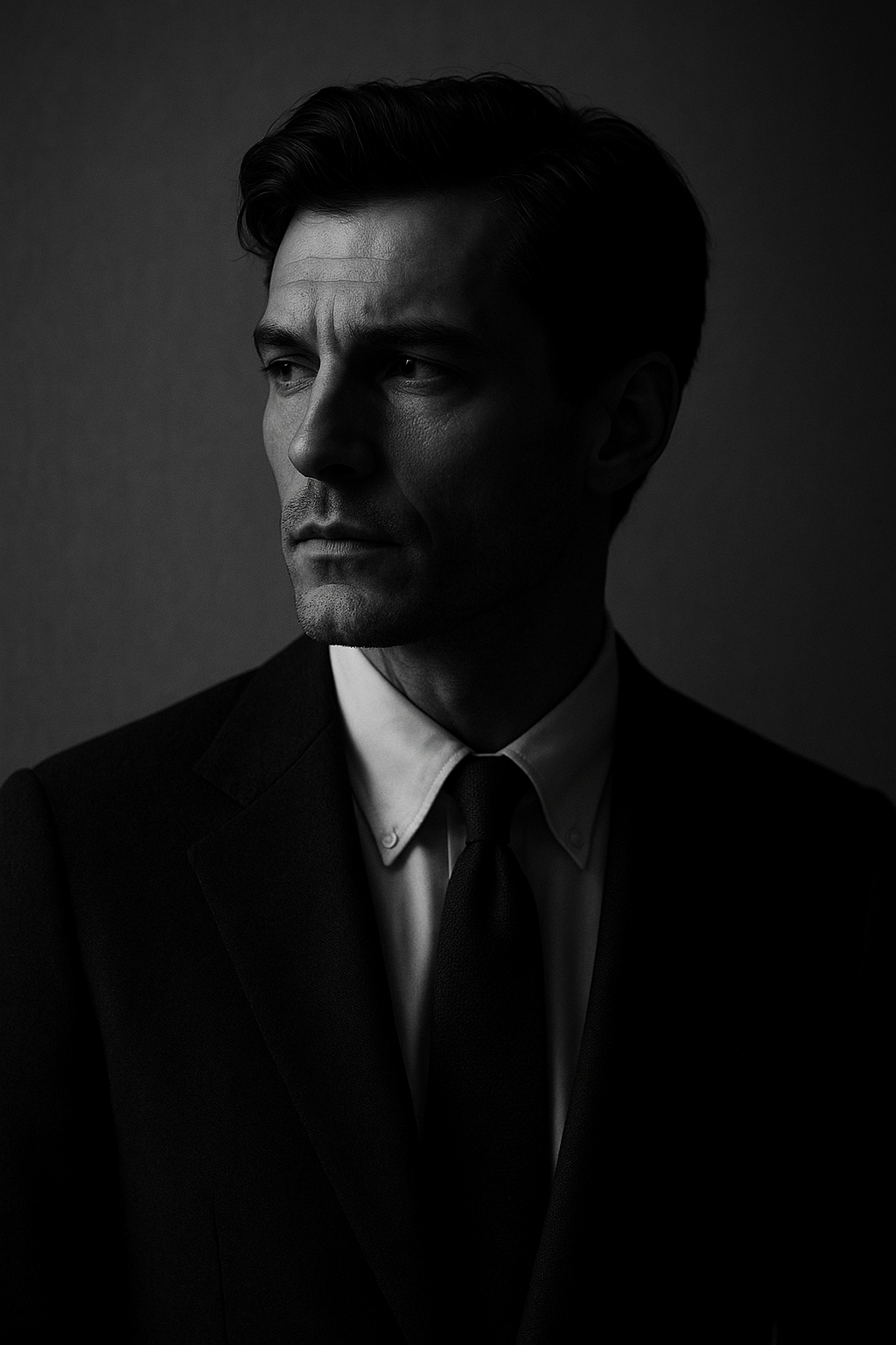 Editorial black and white portrait of a man looking away