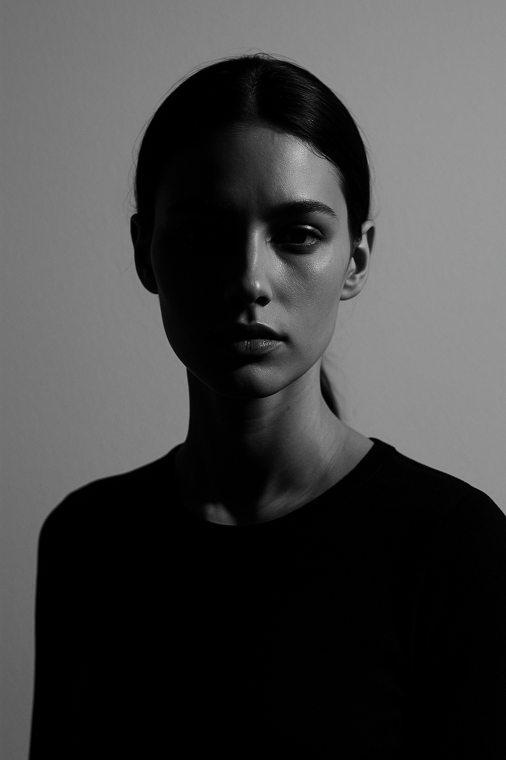 Minimalist black and white portrait with dramatic lighting