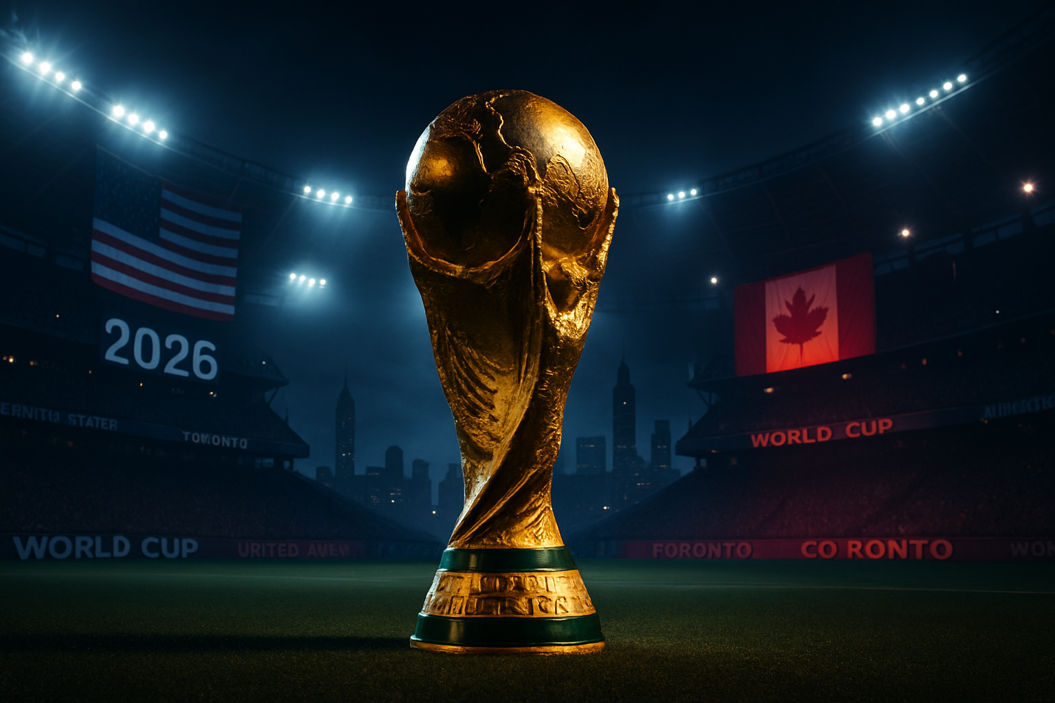 2026年世界杯主题主视觉，包含奖杯、美国与加拿大联合举办氛围以及吉祥物元素，整体高级清爽且富有赛事感的横向高清画面
