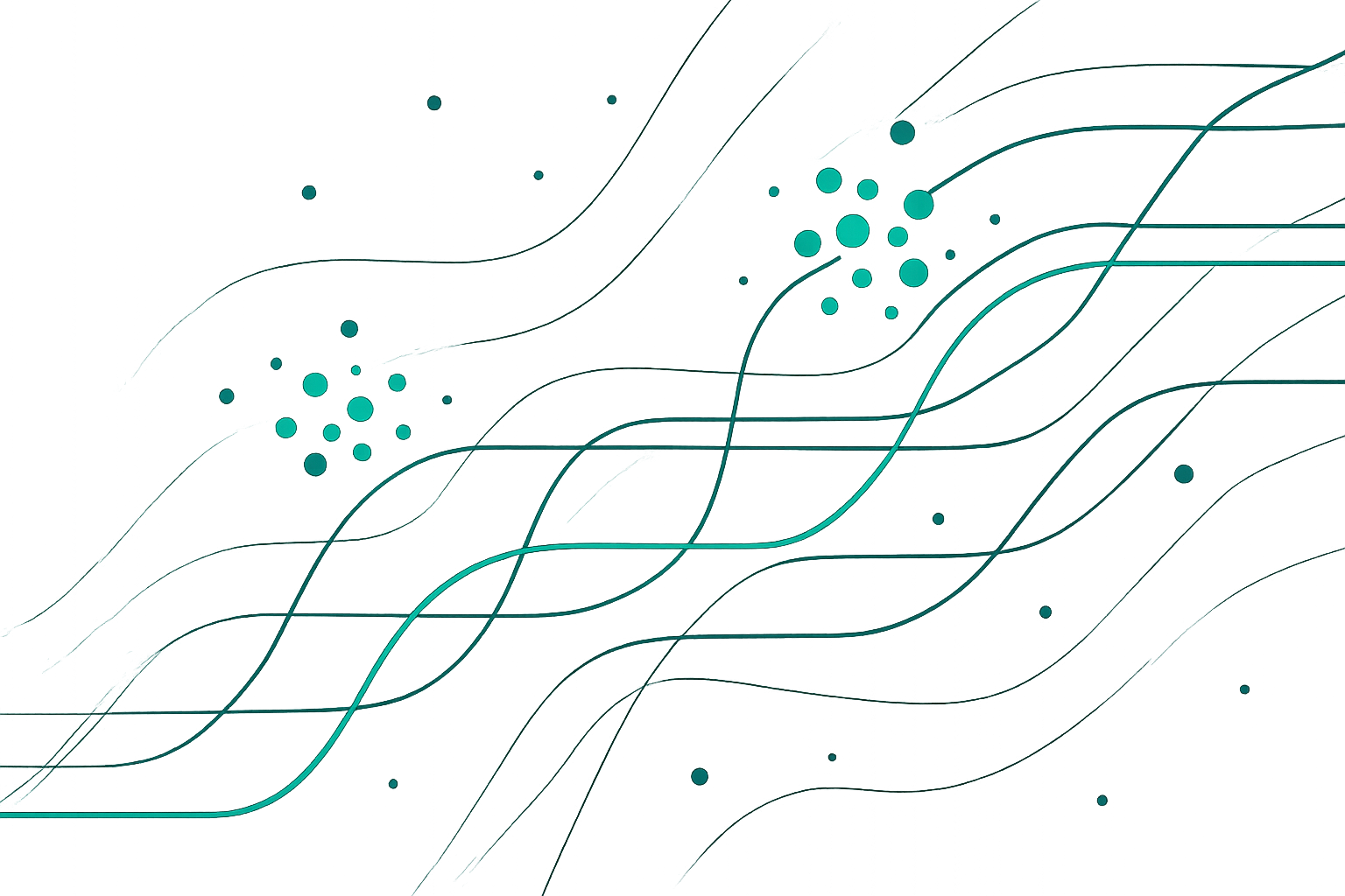 Abstract systems diagram of flowing signal lines, soft nodes, and connected environmental layers in aqua and teal