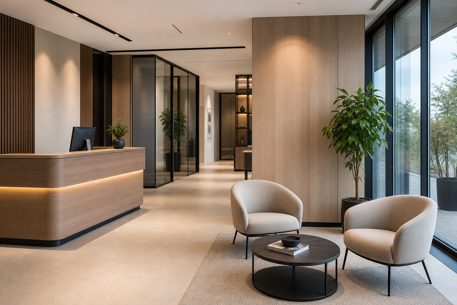 Espace d'accueil professionnel moderne avec zone de consultation, assises sobres et ambiance corporate chaleureuse