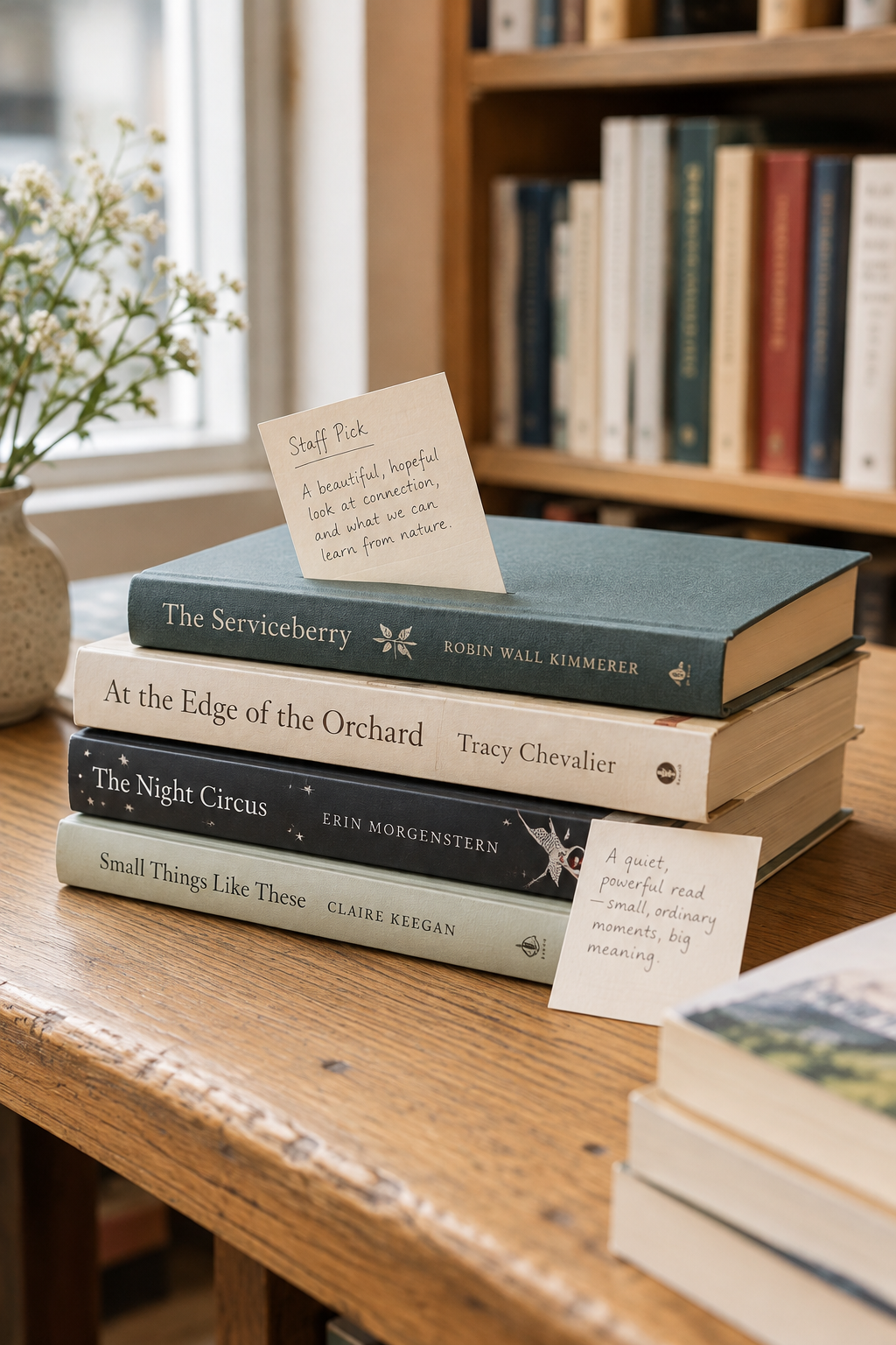 Close detail of stacked hardcovers with handwritten staff recommendation cards tucked between pages on a wooden table in a calm independent bookshop