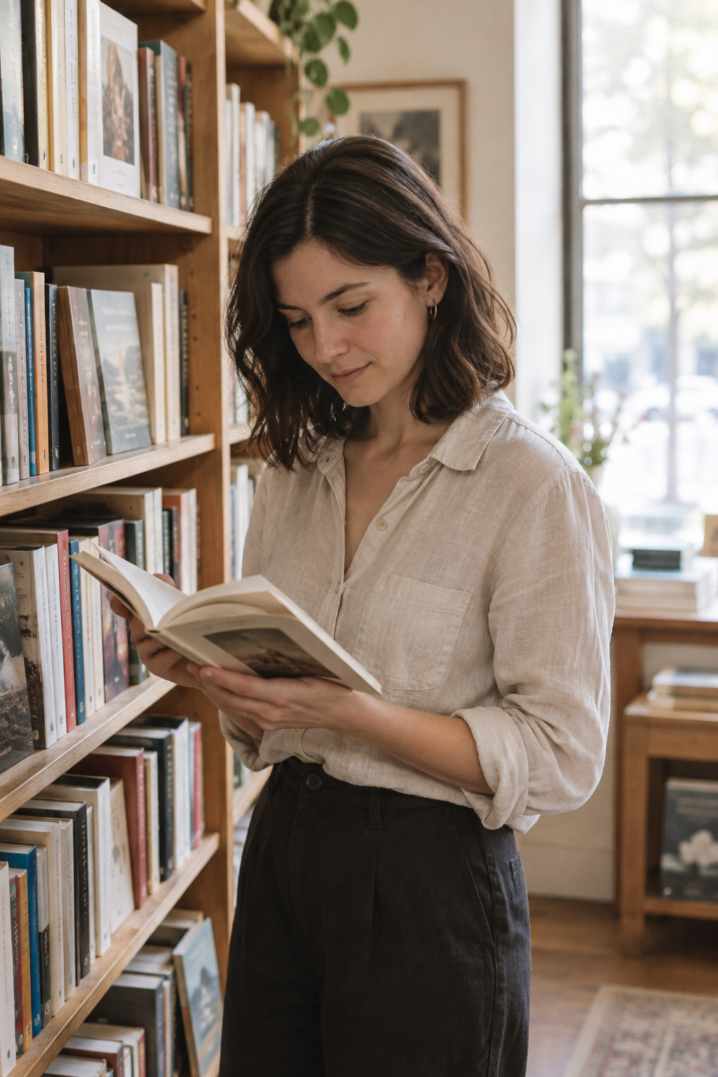 Bookseller standing beside wooden shelves of novels, holding an open book in warm natural light