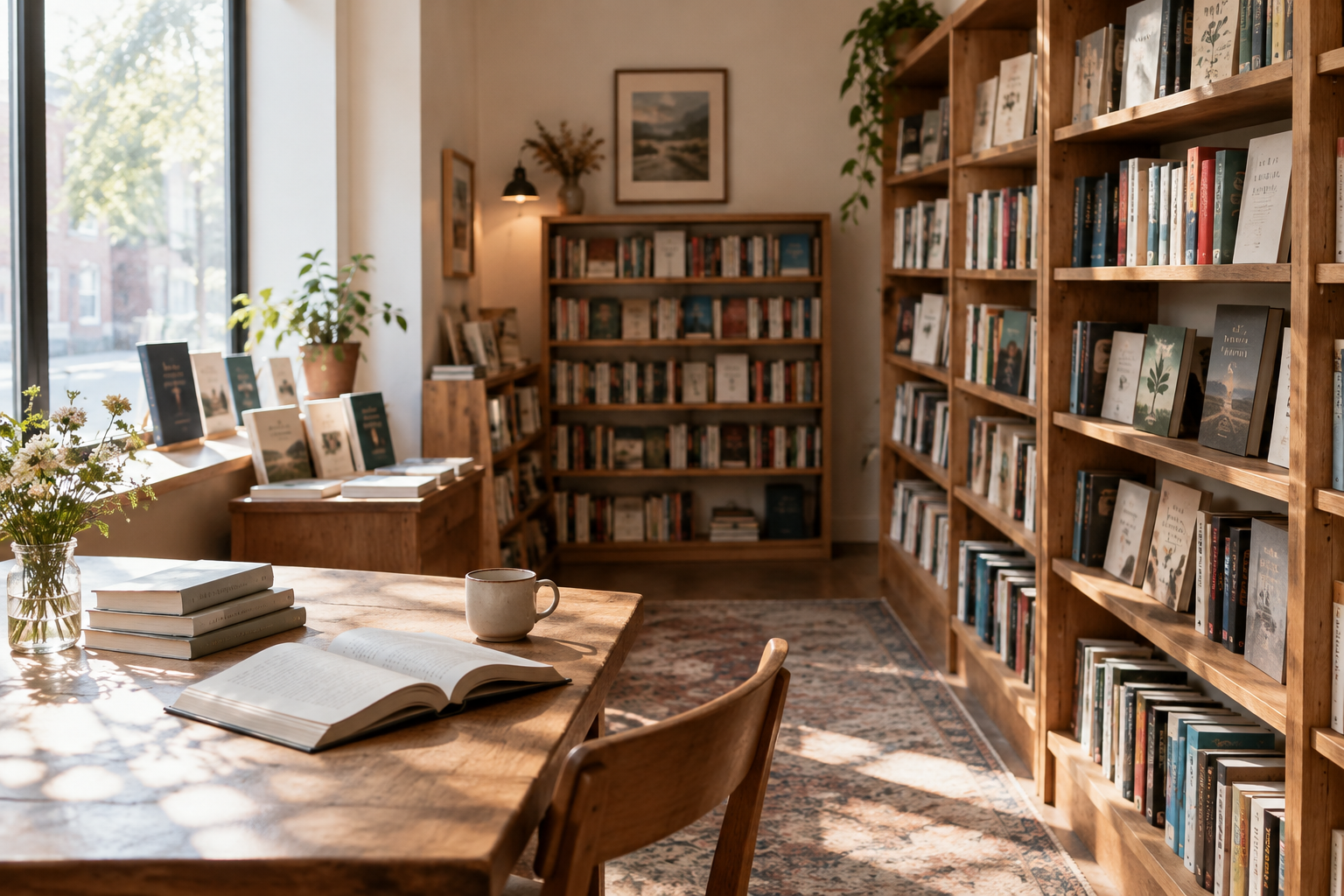 Sunlit independent bookshop interior with wooden shelves, stacked books, paper textures, and a calm editorial atmosphere