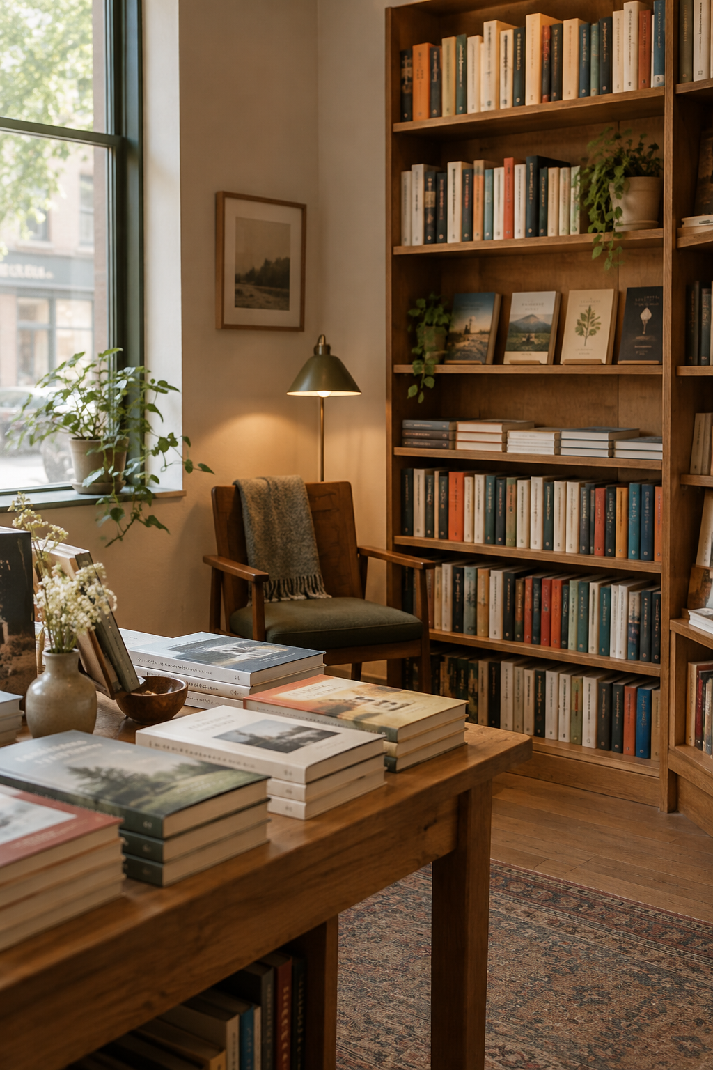 Quiet bookshop corner with stacked books, a wooden shelf, and soft window light