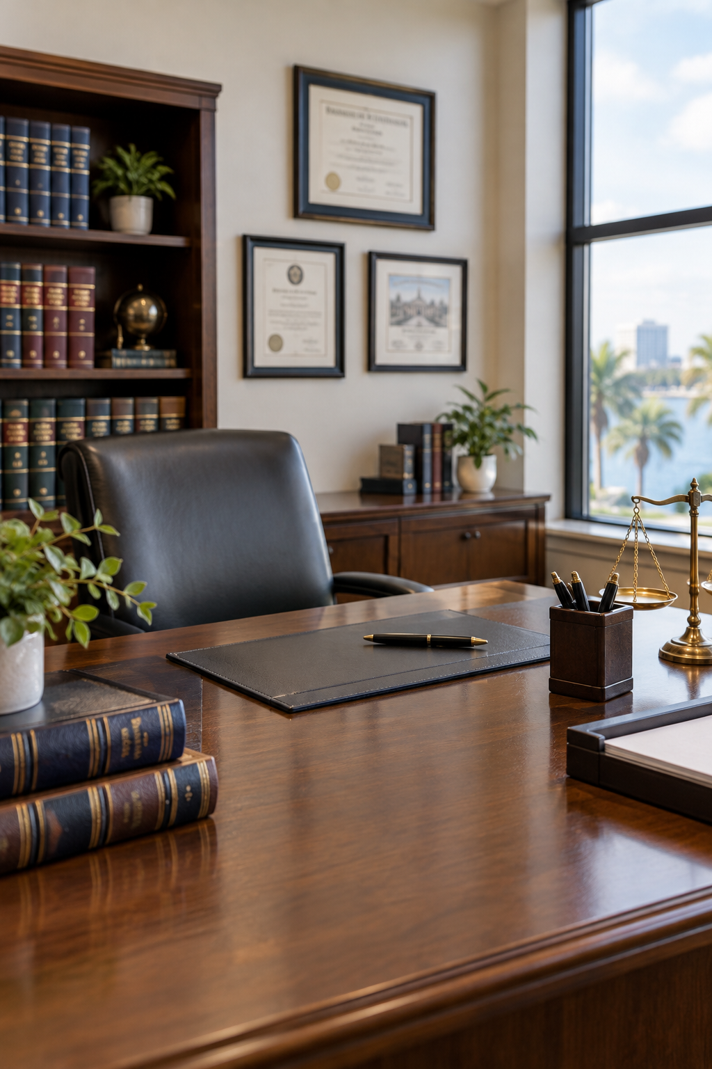 Professional legal office interior with a polished wooden desk, law books, and soft natural window light