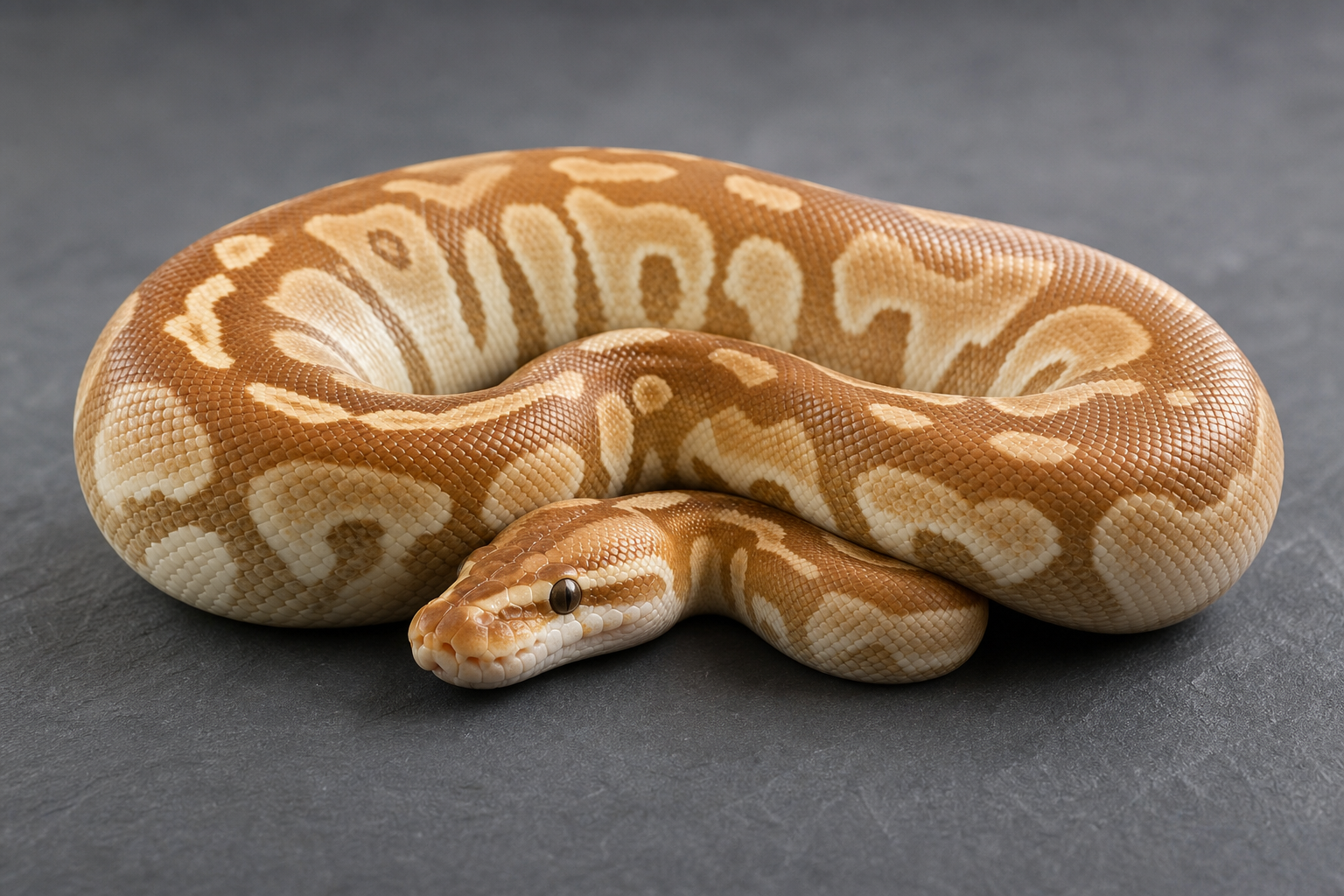 Large caramel-and-cream patterned python coiled on a smooth matte slate surface, softly lit to show healthy scales