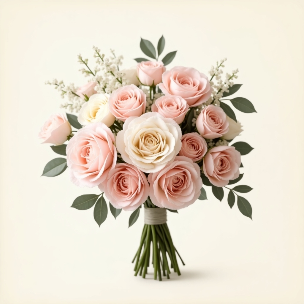 Luxurious hand-tied bouquet of blush roses, ivory peonies, and soft greenery in warm natural light