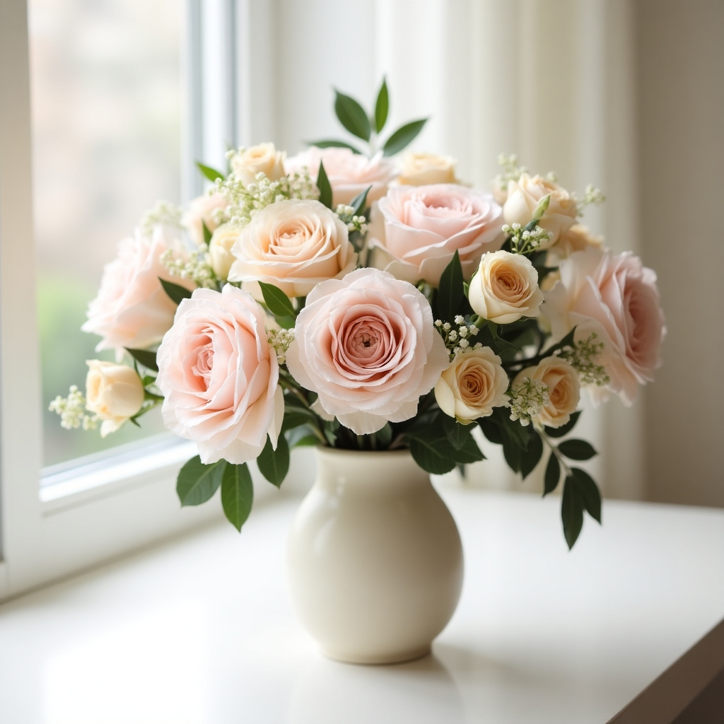 Elegant bouquet of blush roses, ivory ranunculus, and eucalyptus arranged in a ceramic vase