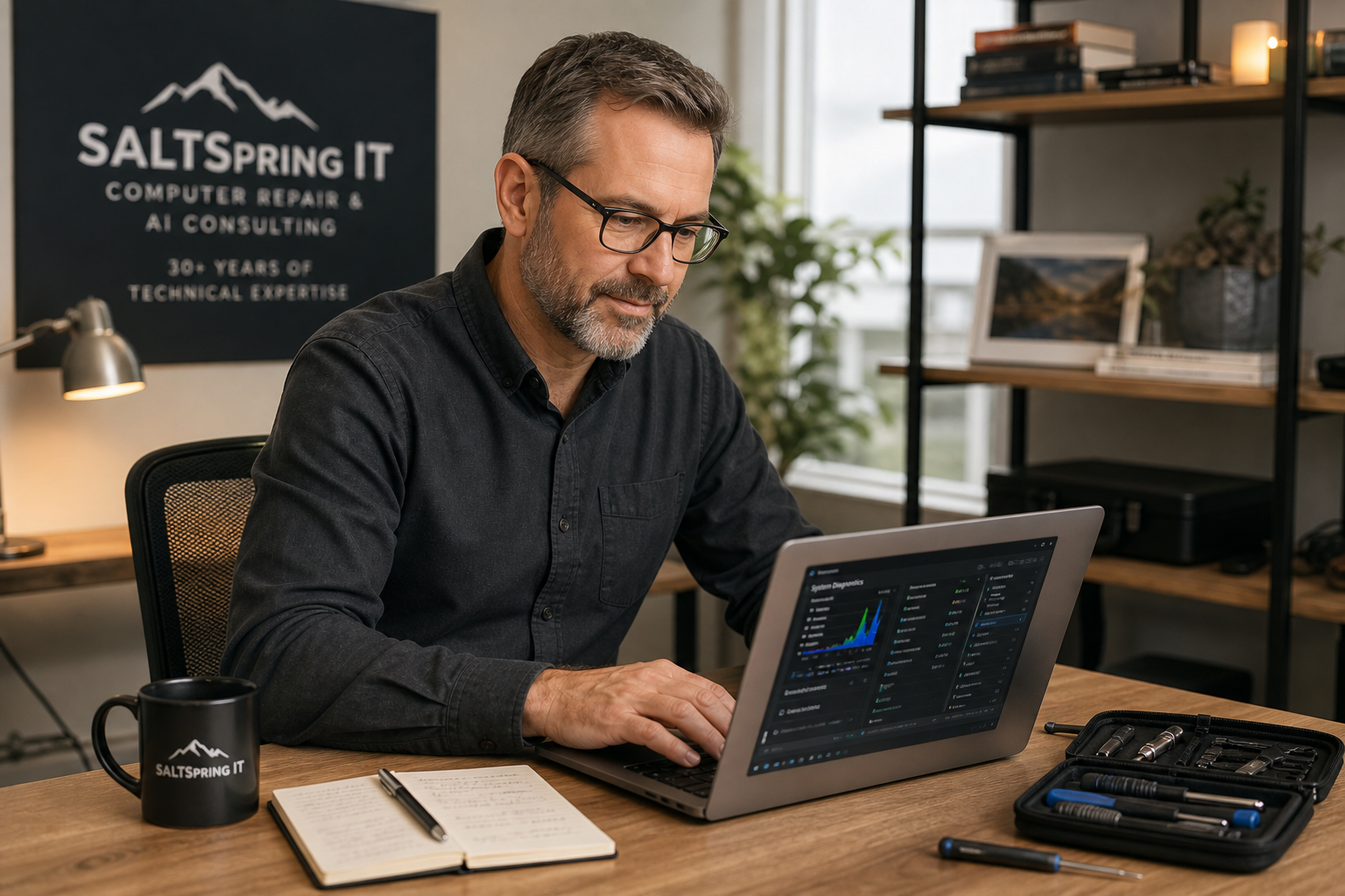 Professional IT consultant reviewing a laptop with diagnostic tools in a clean modern office, warm approachable lighting