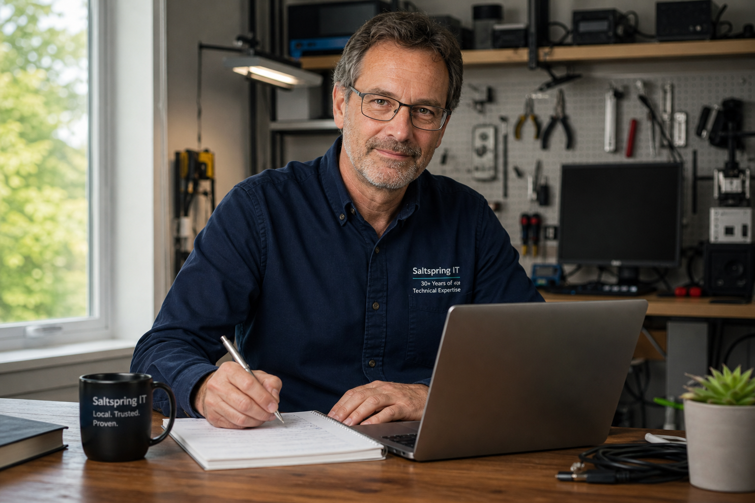 Experienced IT consultant in a tidy workshop reviewing a laptop and notes, wearing a navy shirt and friendly expression
