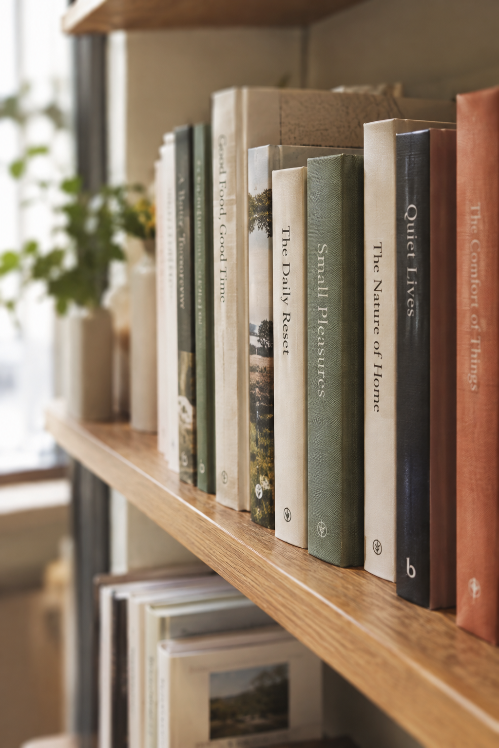 Close-up of neatly arranged book spines on a wooden shelf with soft natural light