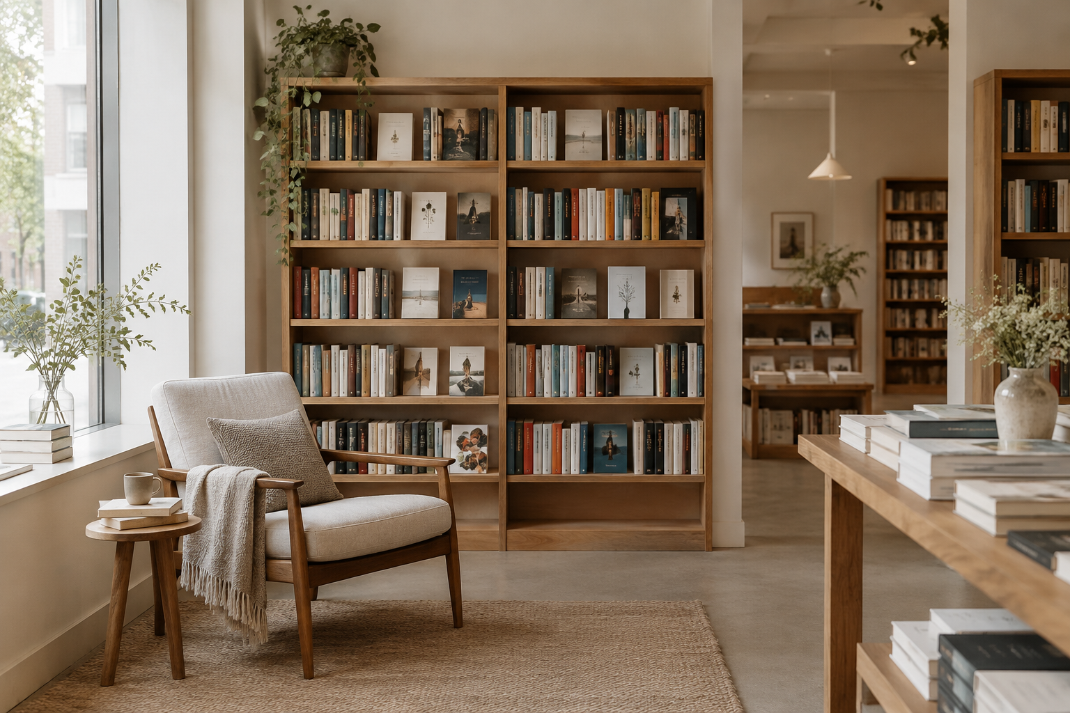 Quiet independent bookshop interior with carefully arranged shelves, natural light, and a calm browsing atmosphere