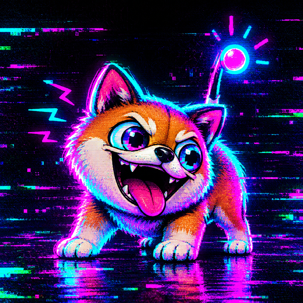 Small chaotic Pad Inu creature with a tail antenna and neon Solana-style glow, standing in a retro digital static field