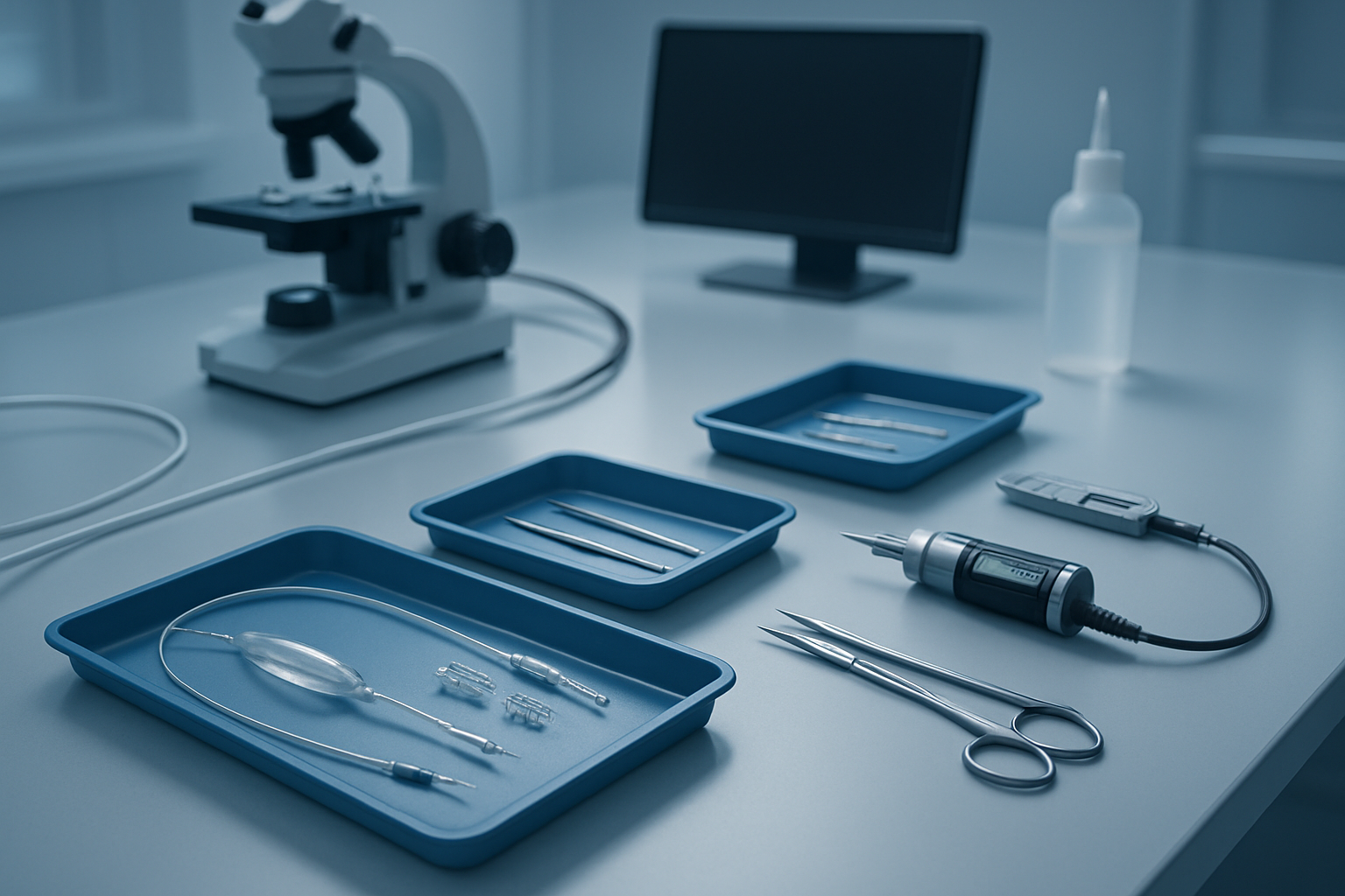Medtech R&D lab bench with catheter components, blue sterile trays, and precision tools used in cardiovascular device development