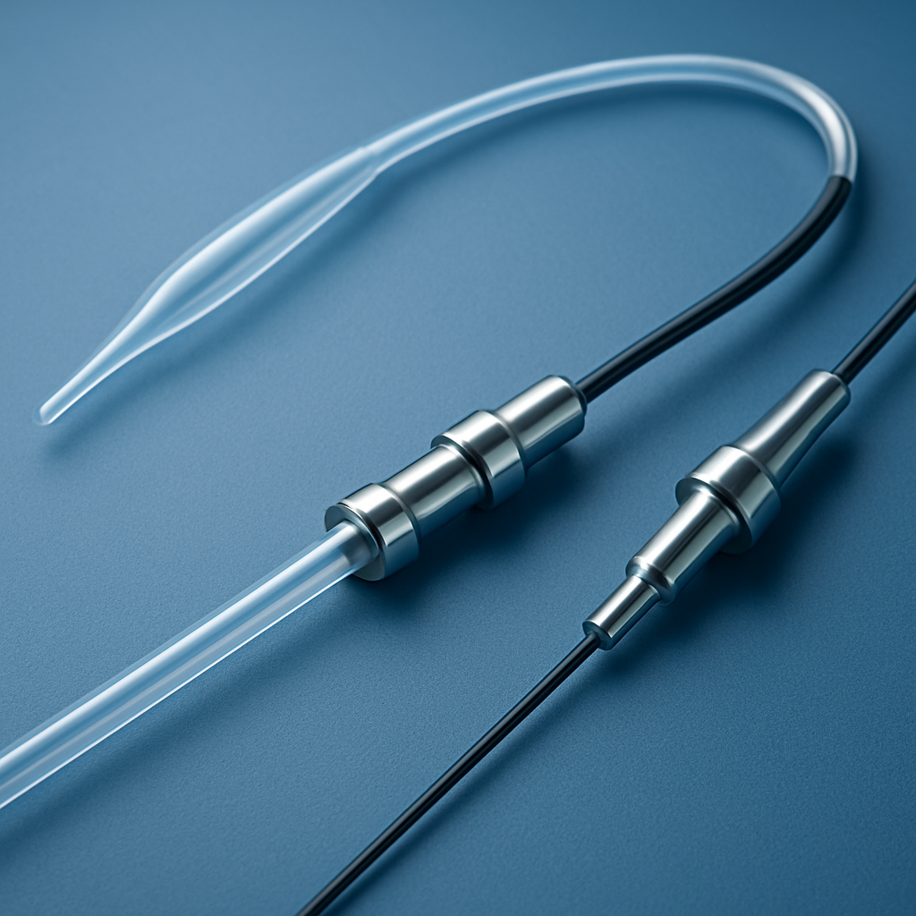 Close-up of a sleek catheter shaft with metallic connectors and translucent tubing on a clean blue technical surface