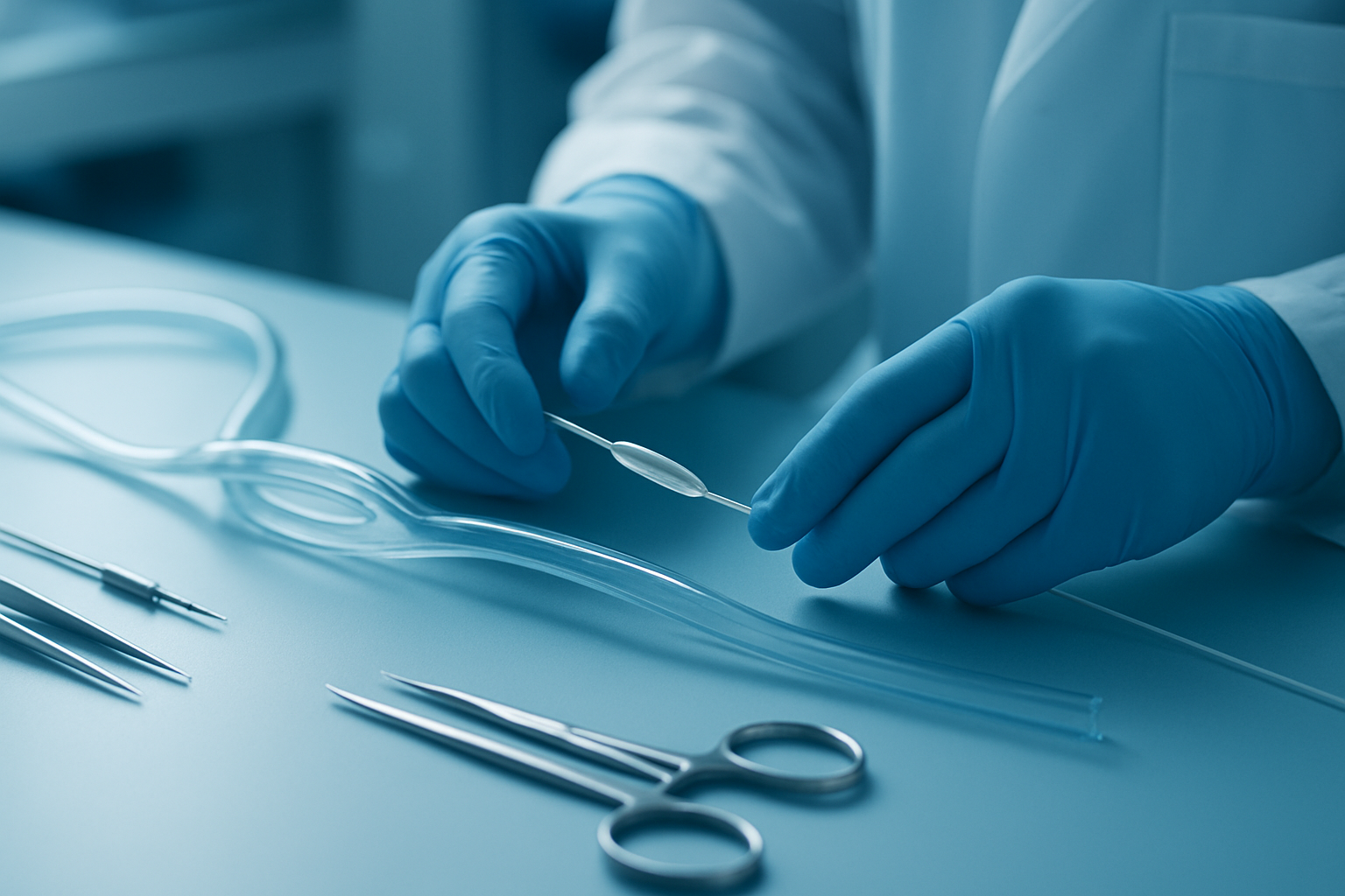 Clinical engineering scene showing a catheter-based cardiovascular device on a sterile workstation with blue-gloved hands, vascular model tubing, and precision instruments under soft lab lighting