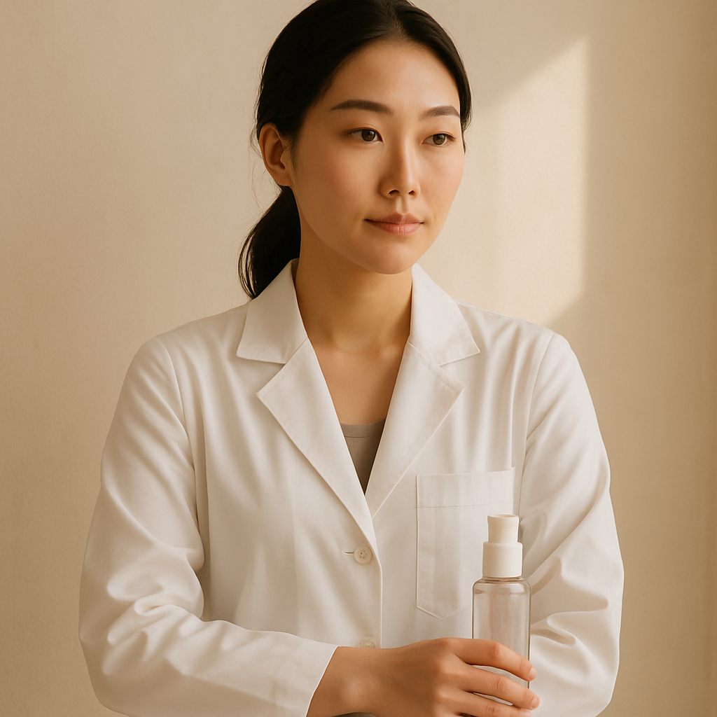 Elegant editorial portrait of a Korean skincare researcher in a minimalist studio, warm neutral tones