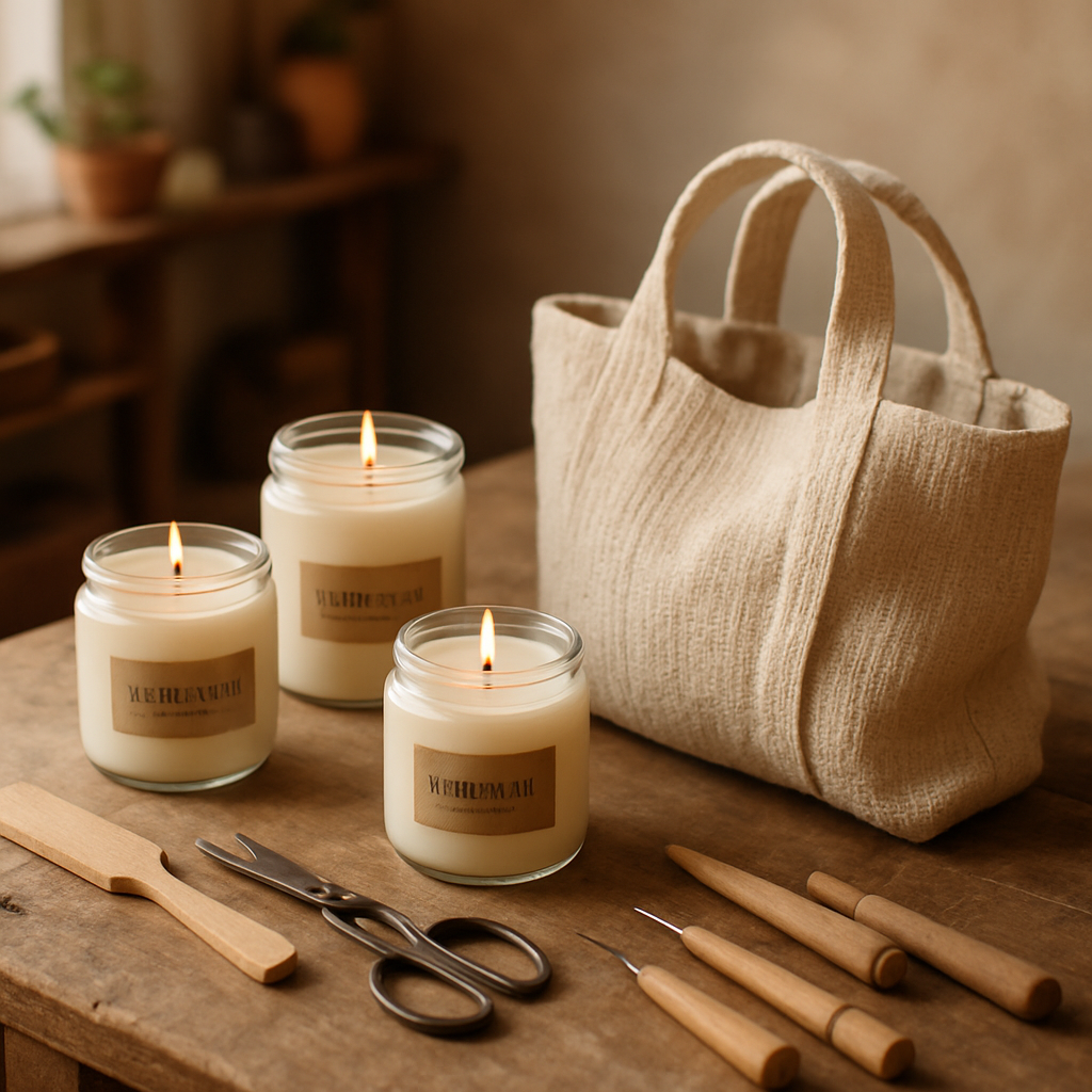 Artisan worktable with handmade candles, a woven bag, and craft tools in warm natural light