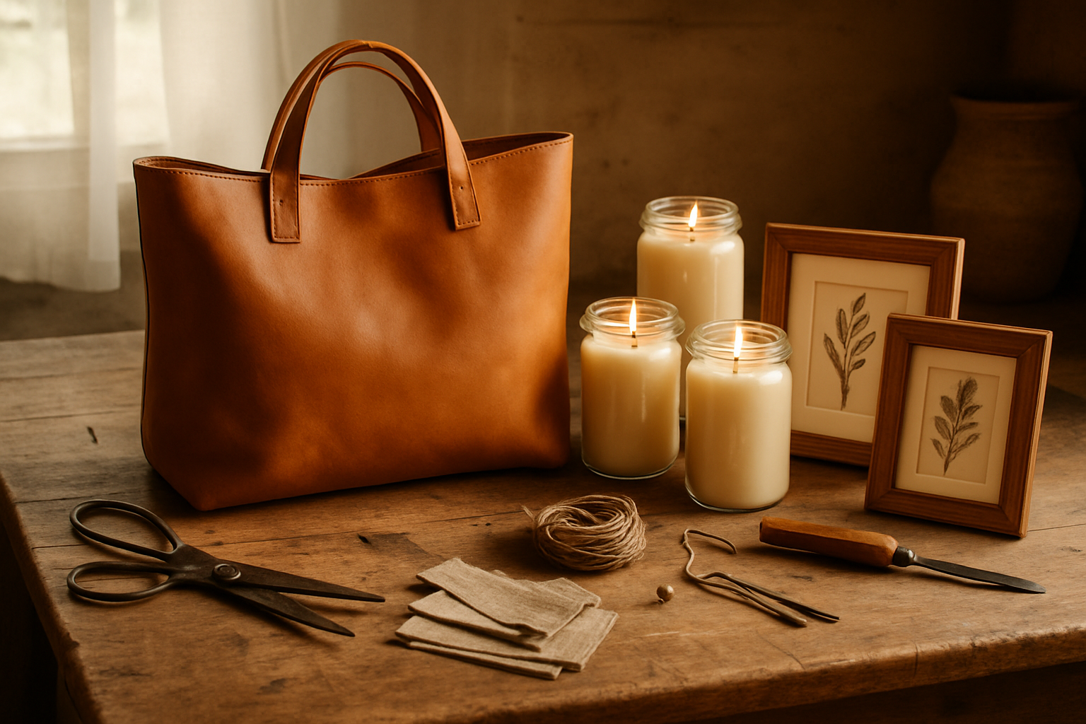 Warm artisan workbench with handmade bags, poured candles, and framed pictures arranged among crafting tools